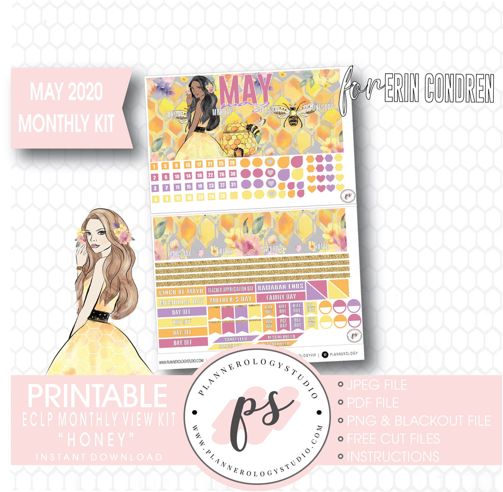 Honey May 2020 Monthly View Kit Digital Printable Planner Stickers (for use with Erin Condren) - Plannerologystudio