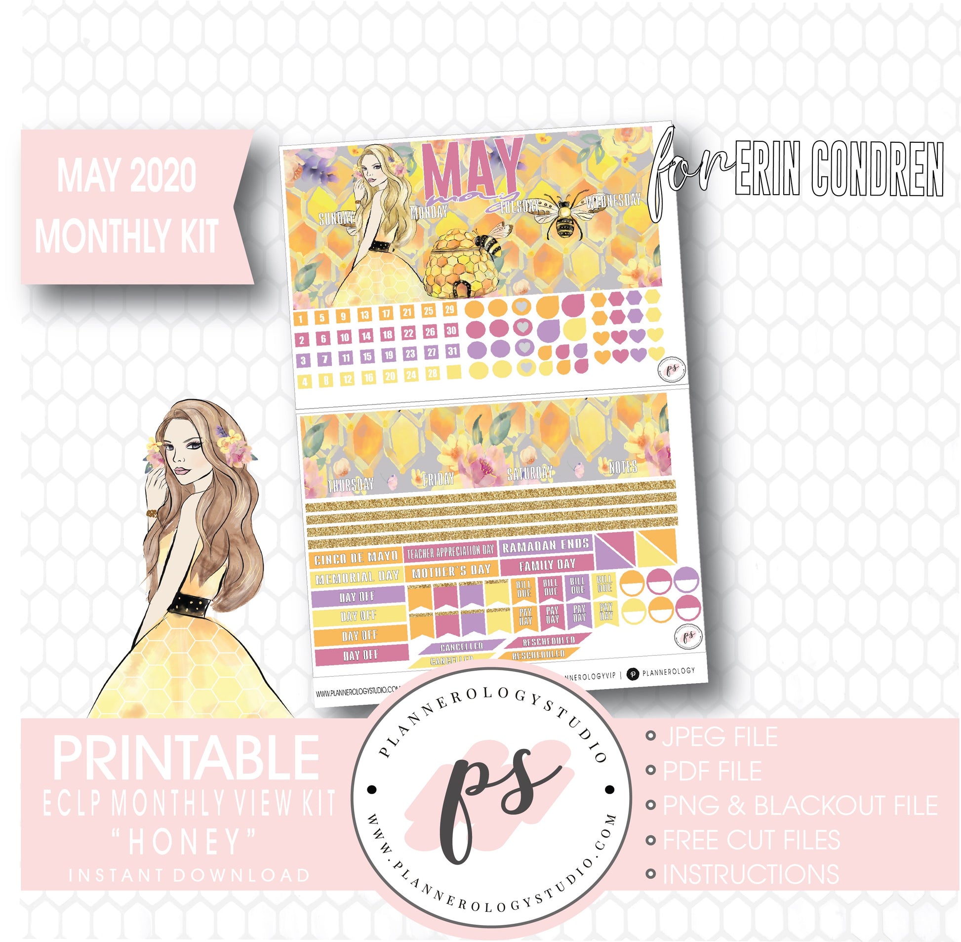 Honey May 2020 Monthly View Kit Digital Printable Planner Stickers (for use with Erin Condren) - Plannerologystudio