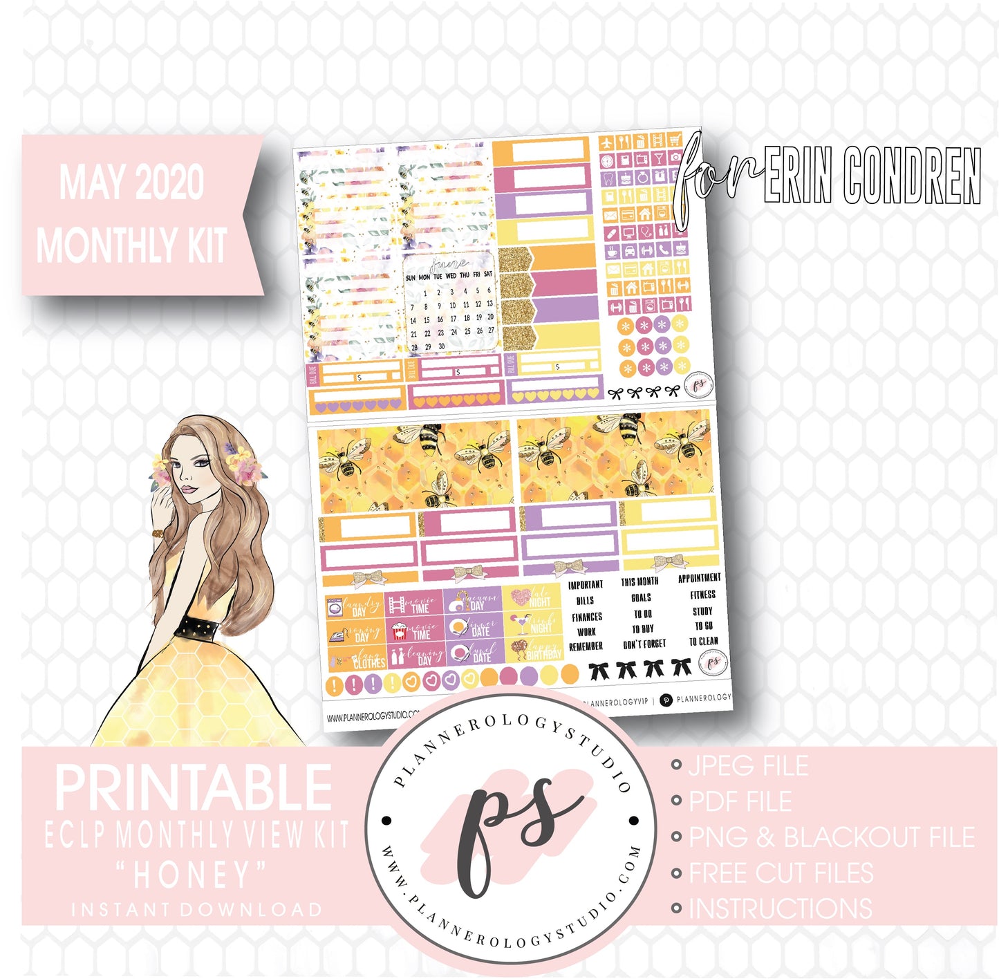 Honey May 2020 Monthly View Kit Digital Printable Planner Stickers (for use with Erin Condren) - Plannerologystudio