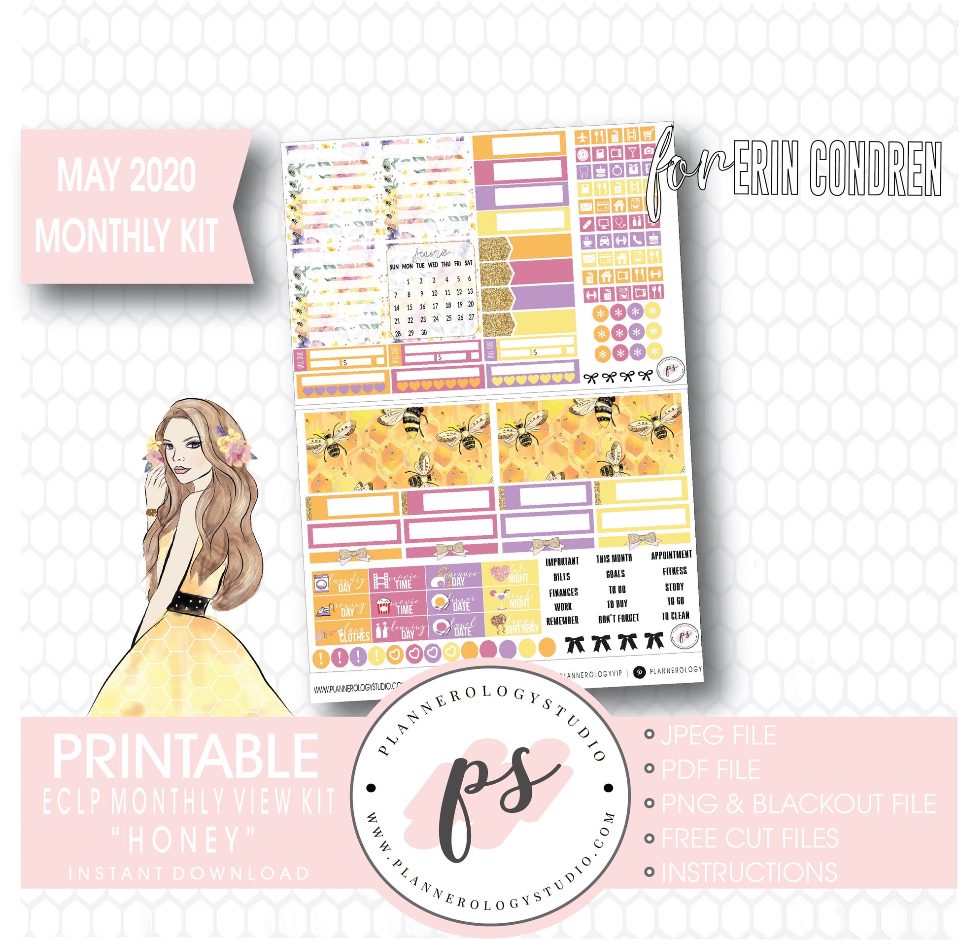 Honey May 2020 Monthly View Kit Digital Printable Planner Stickers (for use with Erin Condren) - Plannerologystudio