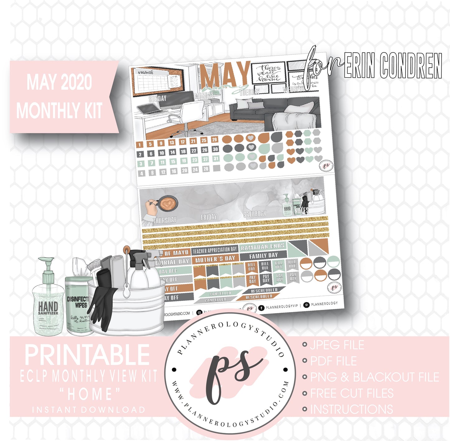 Home May 2020 Monthly View Kit Digital Printable Planner Stickers (for use with Erin Condren) - Plannerologystudio