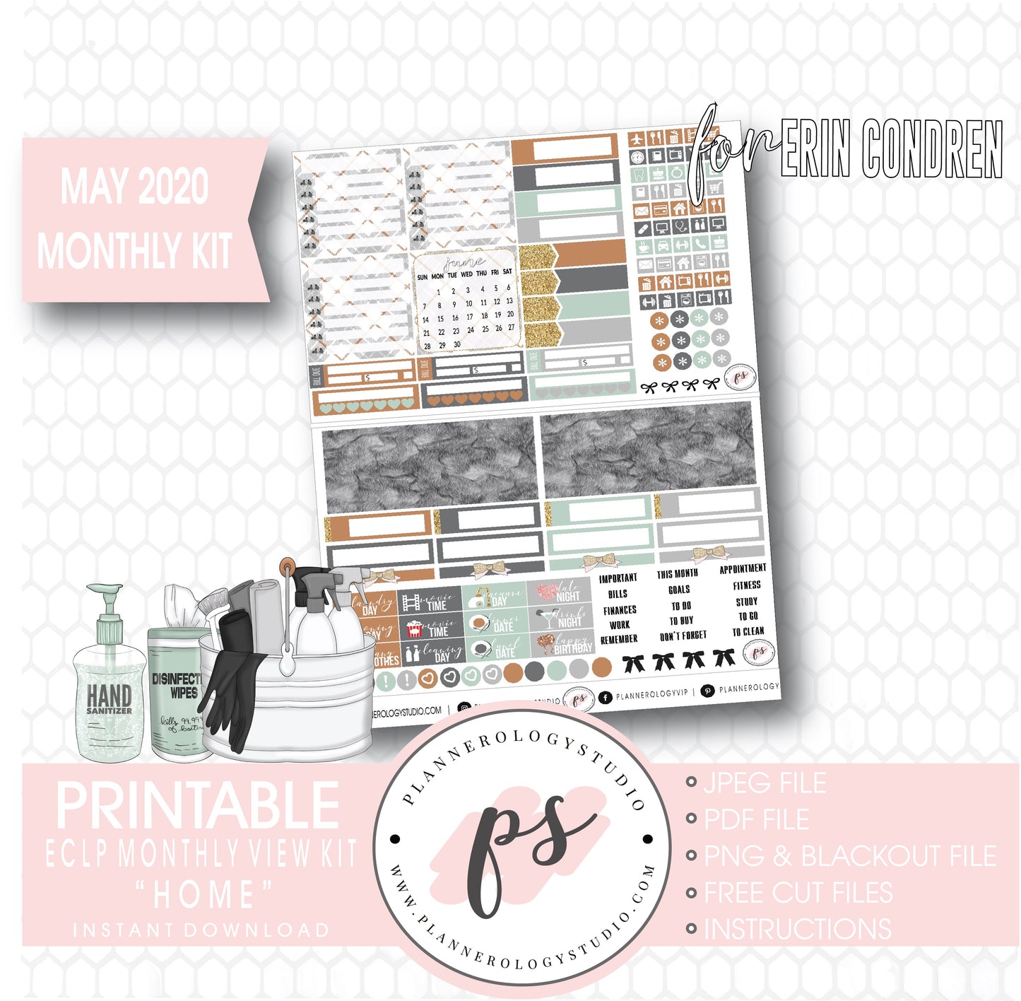 Home May 2020 Monthly View Kit Digital Printable Planner Stickers (for use with Erin Condren) - Plannerologystudio