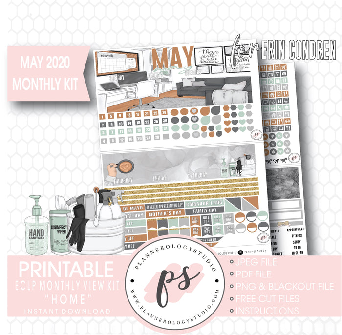 Home May 2020 Monthly View Kit Digital Printable Planner Stickers (for use with Erin Condren) - Plannerologystudio