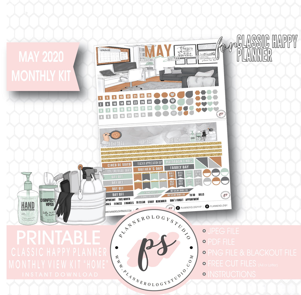 Home May 2020 Monthly View Kit Digital Printable Planner Stickers (for use with Classic Happy Planner) - Plannerologystudio