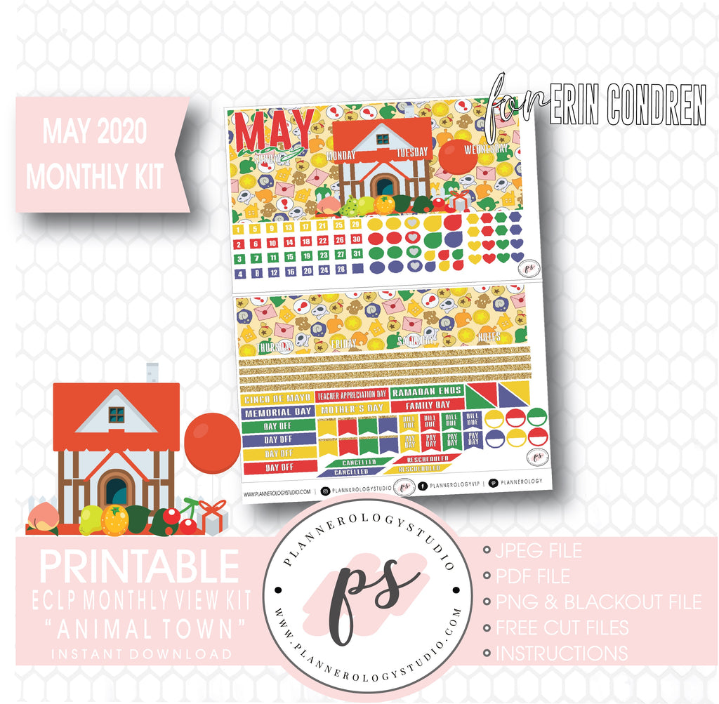 Animal Town (Animal Crossing Inspired) May 2020 Monthly View Kit Digital Printable Planner Stickers (for use with Erin Condren) - Plannerologystudio