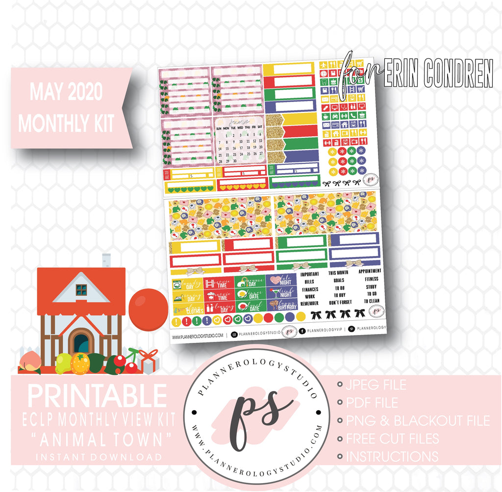 Animal Town (Animal Crossing Inspired) May 2020 Monthly View Kit Digital Printable Planner Stickers (for use with Erin Condren) - Plannerologystudio