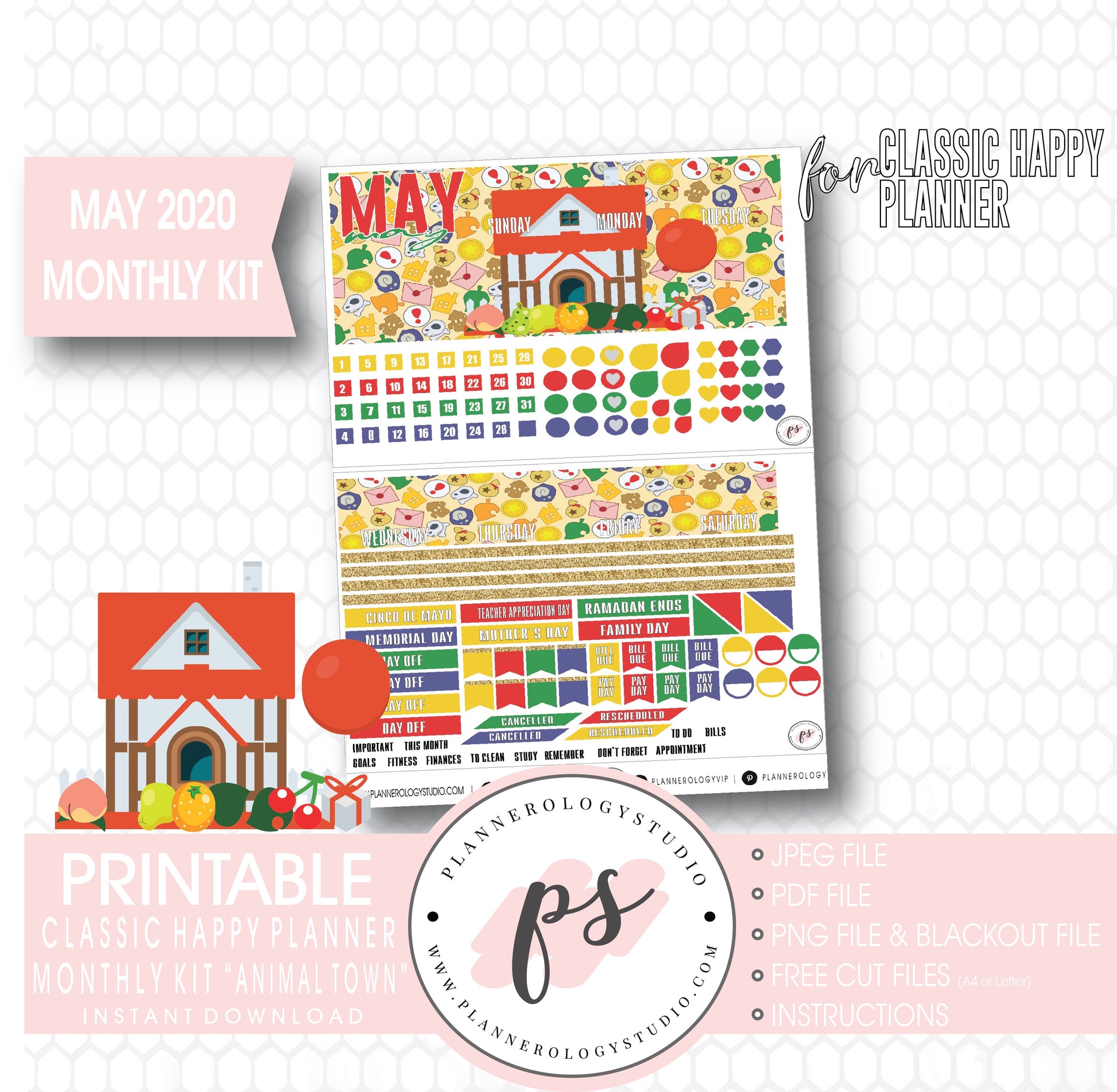 Animal Town (Animal Crossing Inspired) May 2020 Monthly View Kit Digital Printable Planner Stickers (for use with Classic Happy Planner) - Plannerologystudio