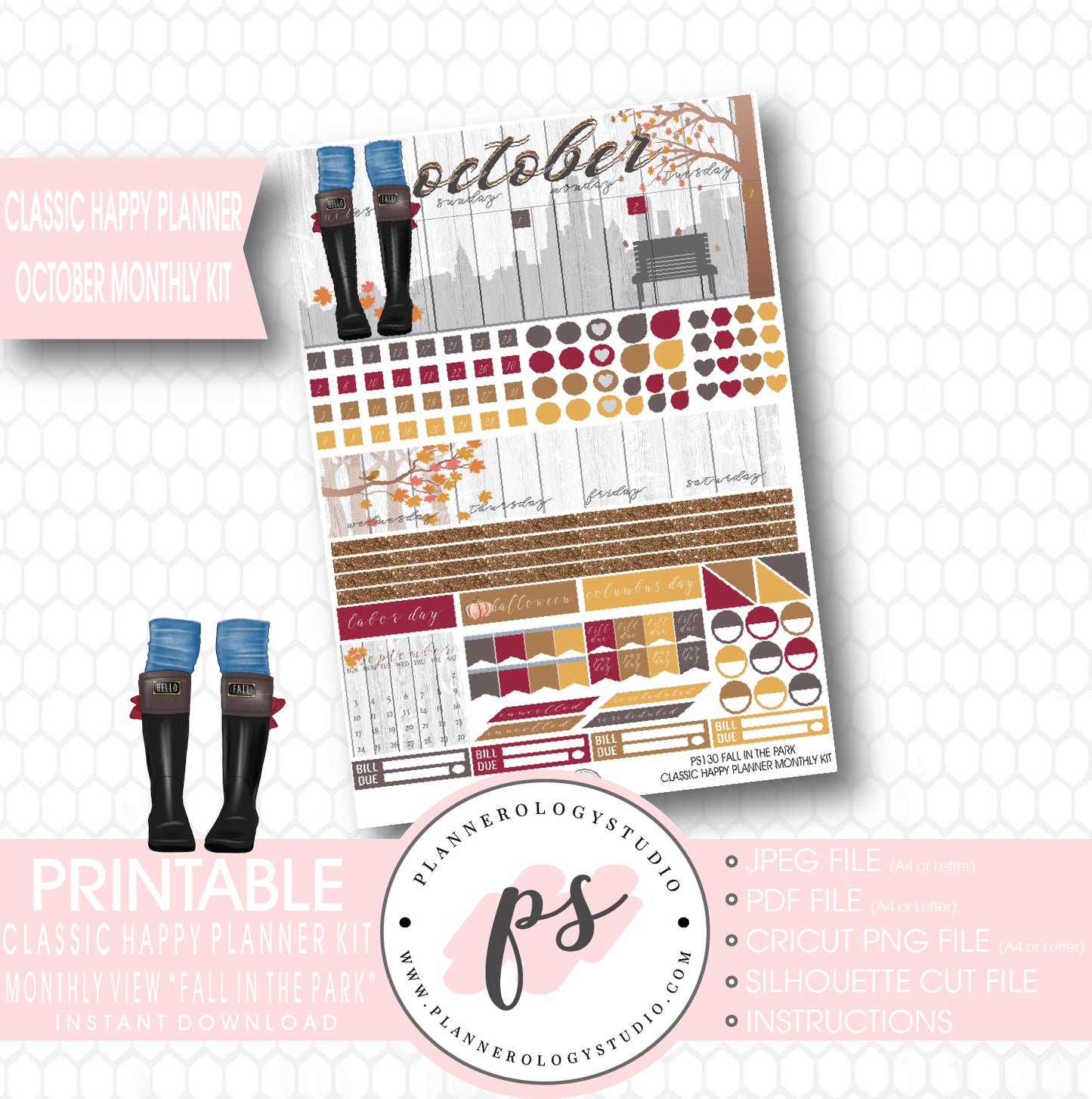 "Fall in the Park" October 2017 Monthly View Kit Printable Planner Stickers (for use with Mambi Classic Happy Planner) - Plannerologystudio