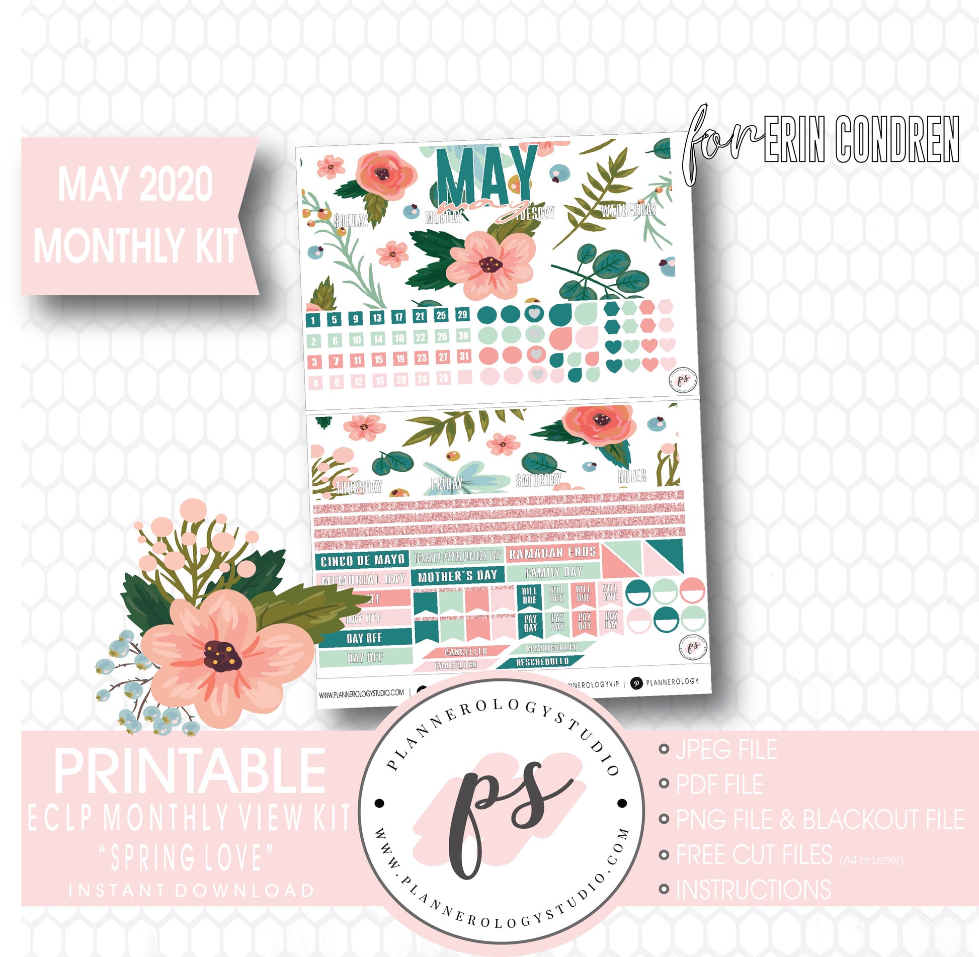 Spring Love May 2020 Monthly View Kit Digital Printable Planner Stickers (for use with Erin Condren) - Plannerologystudio