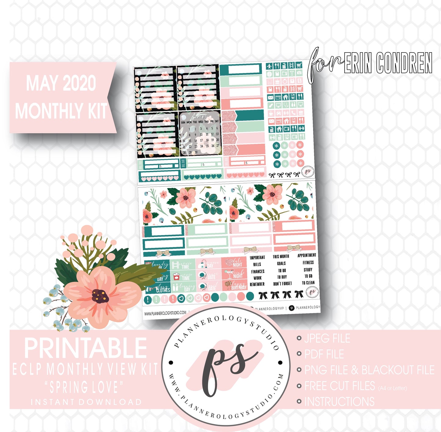 Spring Love May 2020 Monthly View Kit Digital Printable Planner Stickers (for use with Erin Condren) - Plannerologystudio