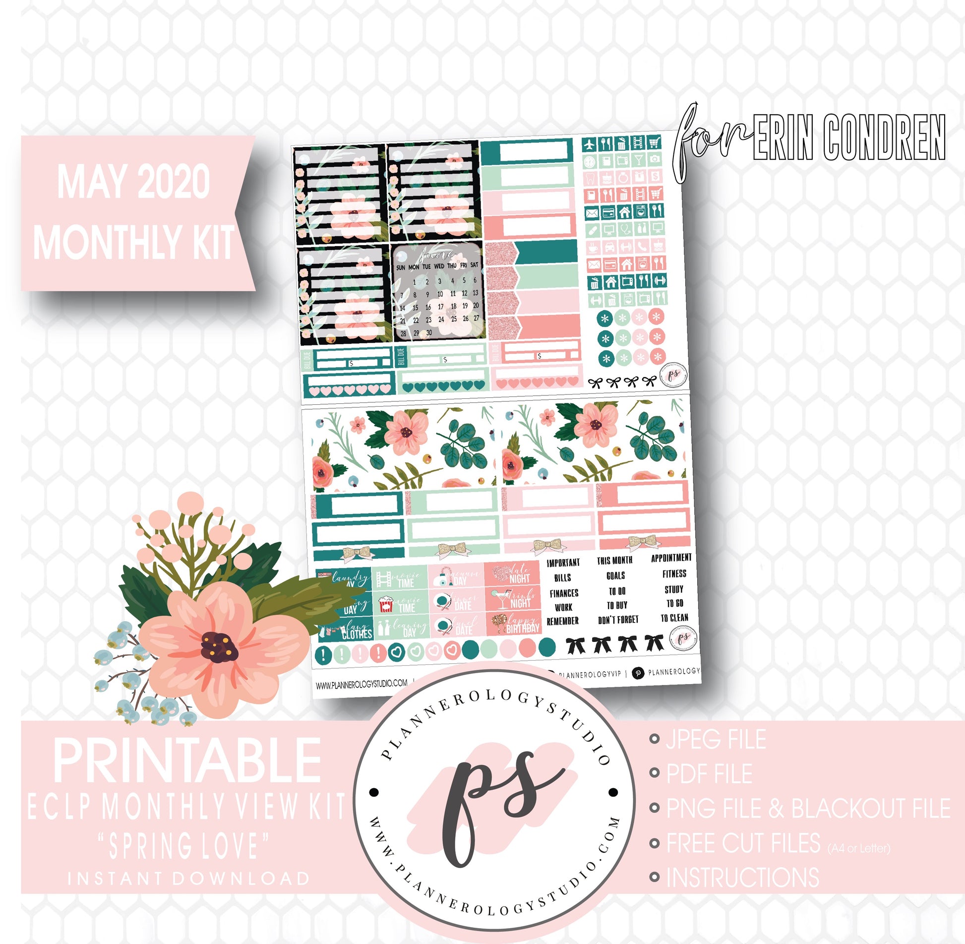 Spring Love May 2020 Monthly View Kit Digital Printable Planner Stickers (for use with Erin Condren) - Plannerologystudio