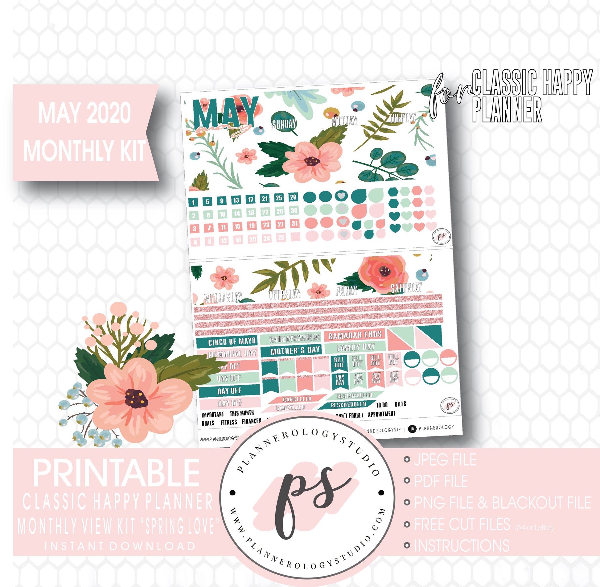 Spring Love May 2020 Monthly View Kit Digital Printable Planner Stickers (for use with Classic Happy Planner) - Plannerologystudio