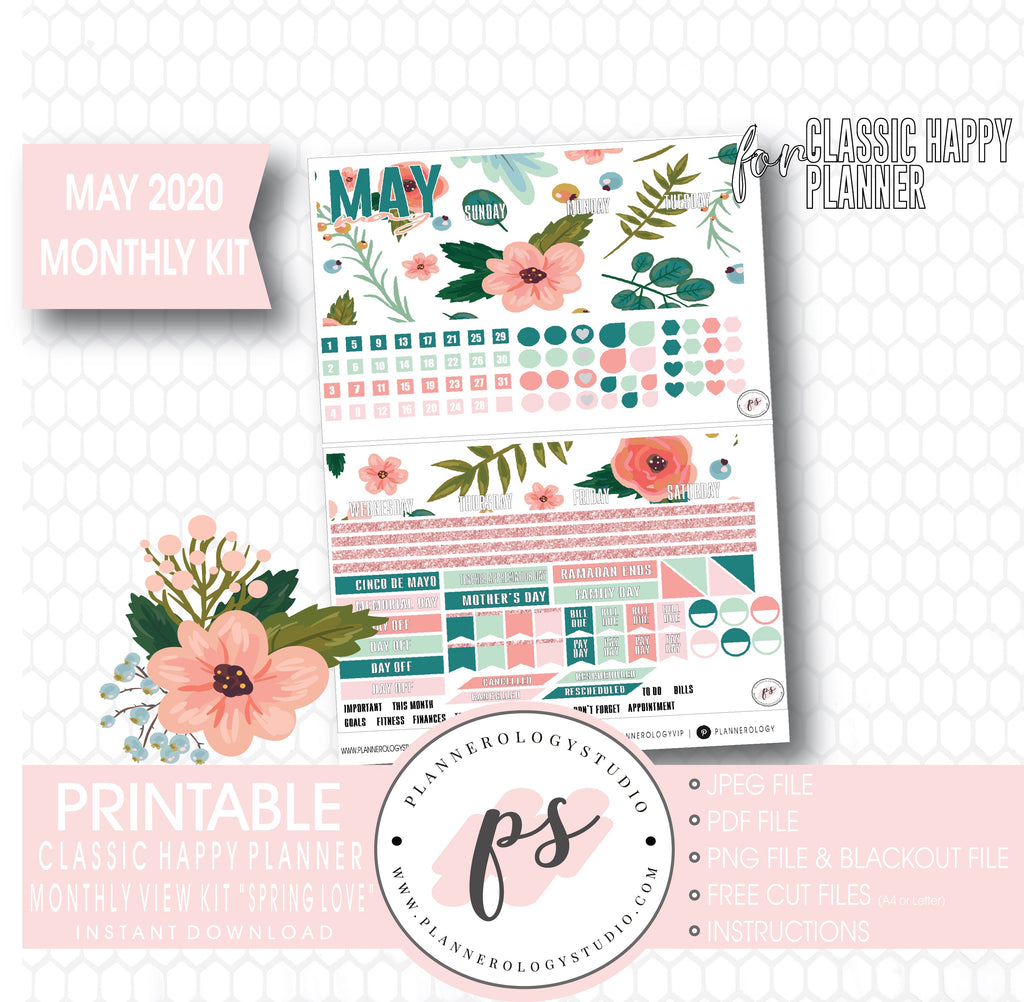 Spring Love May 2020 Monthly View Kit Digital Printable Planner Stickers (for use with Classic Happy Planner) - Plannerologystudio