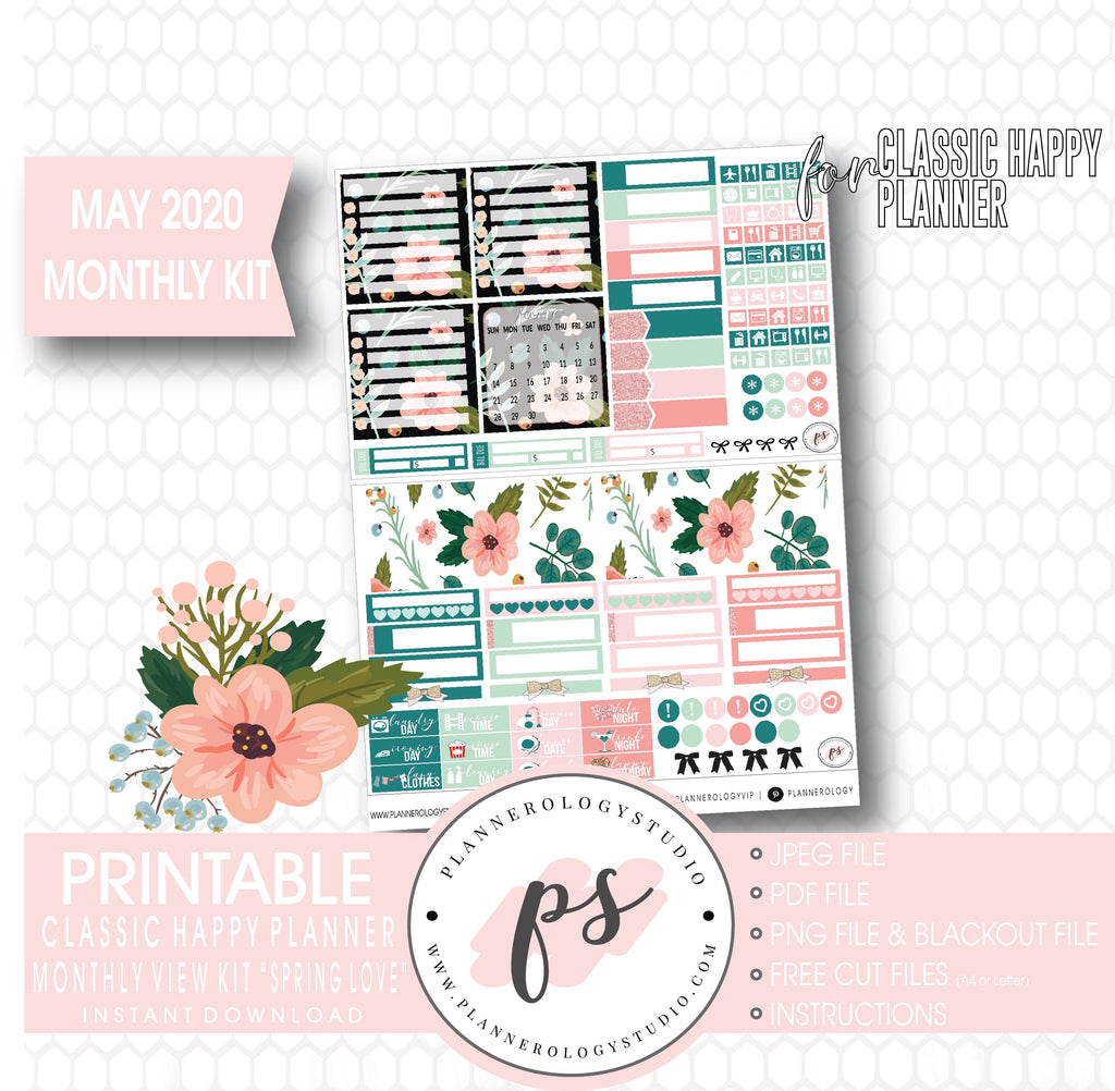 Spring Love May 2020 Monthly View Kit Digital Printable Planner Stickers (for use with Classic Happy Planner) - Plannerologystudio