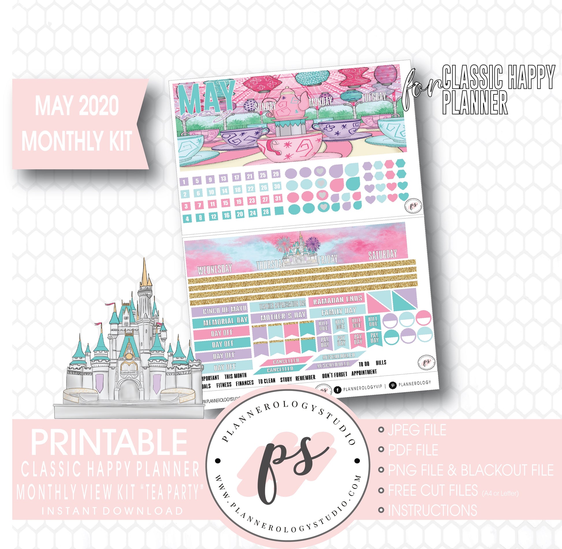 Tea Party May 2020 Monthly View Kit Digital Printable Planner Stickers (for use with Classic Happy Planner) - Plannerologystudio