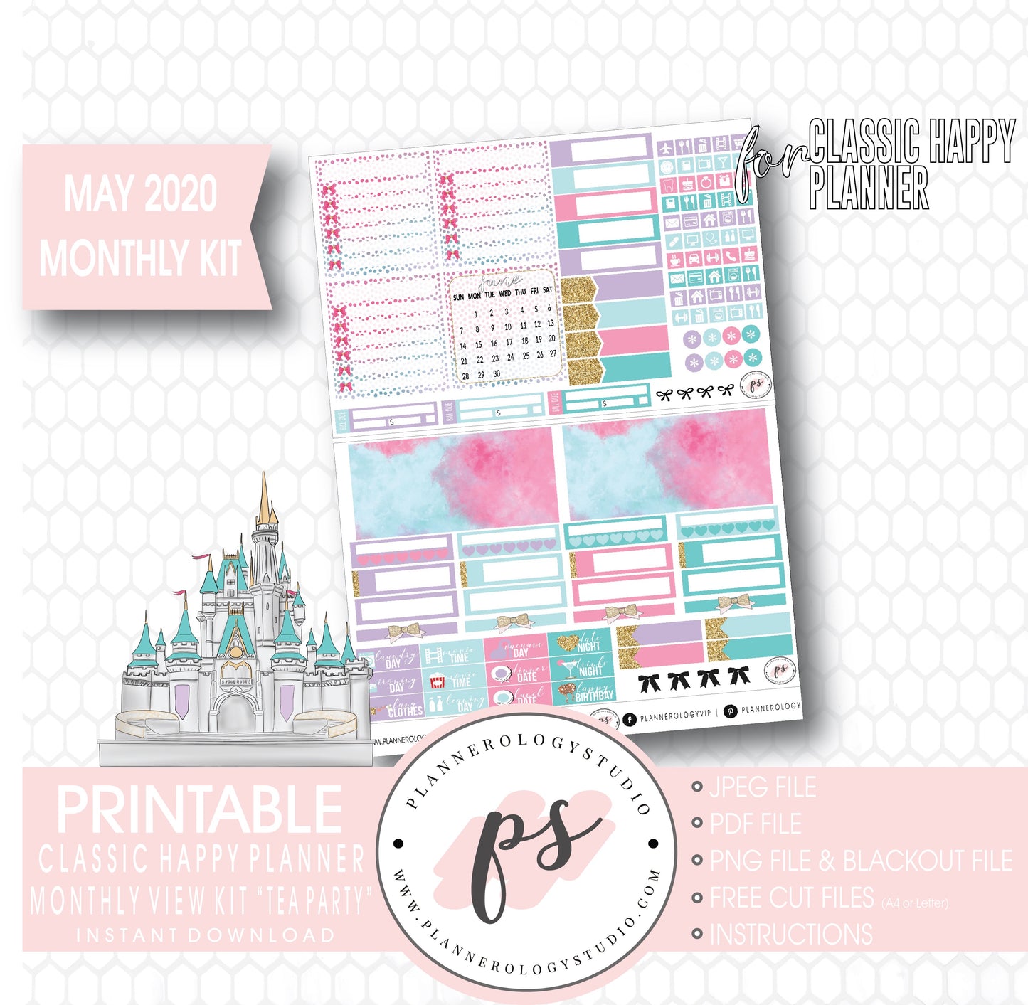Tea Party May 2020 Monthly View Kit Digital Printable Planner Stickers (for use with Classic Happy Planner) - Plannerologystudio