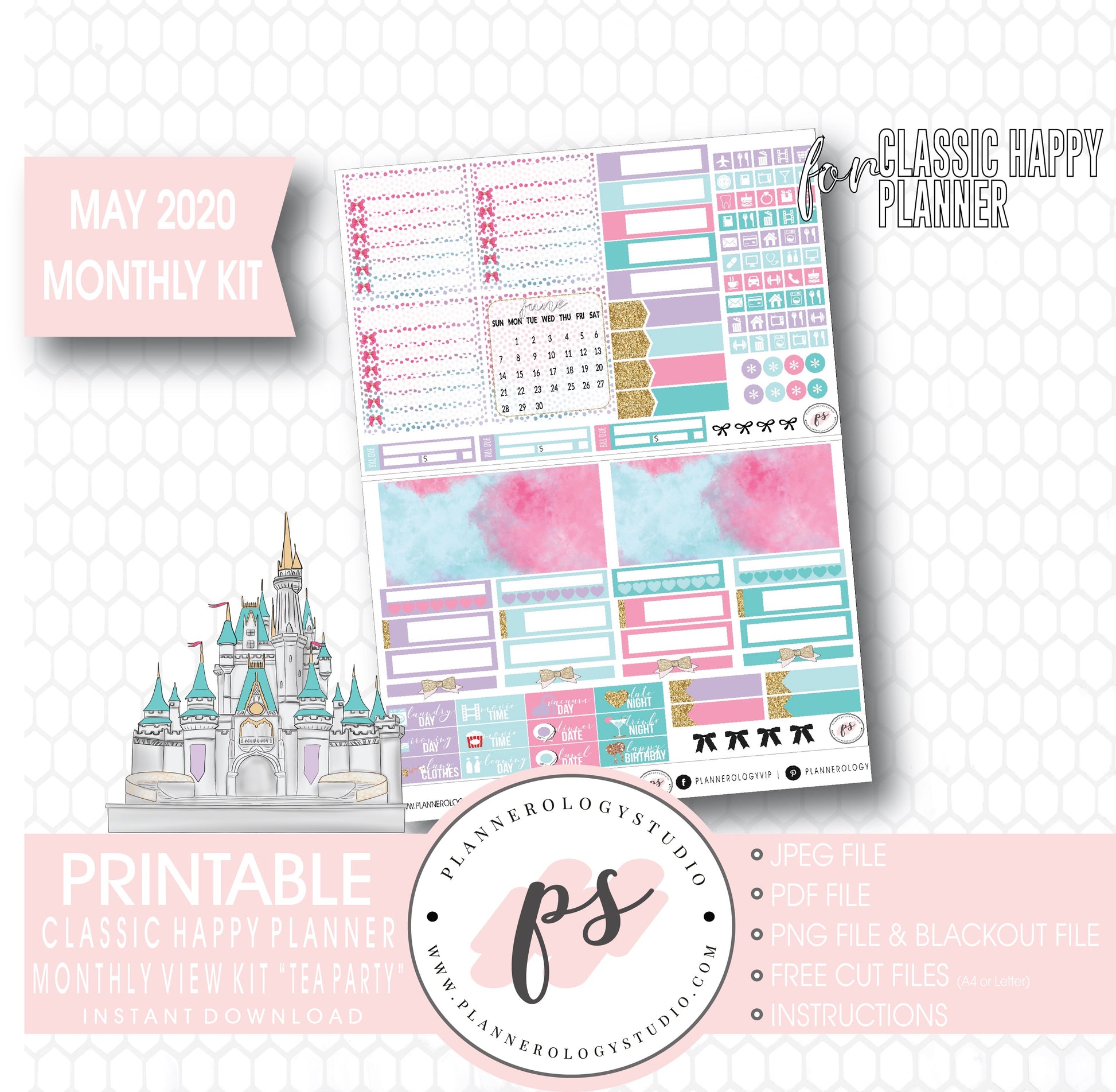 Tea Party May 2020 Monthly View Kit Digital Printable Planner Stickers (for use with Classic Happy Planner) - Plannerologystudio