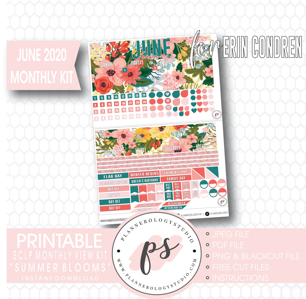 Summer Blooms June 2020 Monthly View Kit Digital Printable Planner Stickers (for use with Erin Condren) - Plannerologystudio