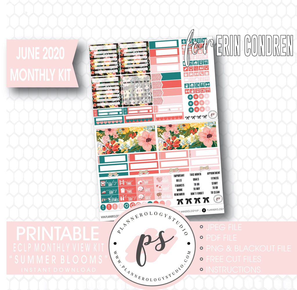 Summer Blooms June 2020 Monthly View Kit Digital Printable Planner Stickers (for use with Erin Condren) - Plannerologystudio