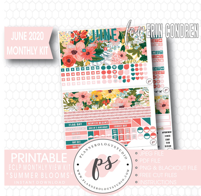 Summer Blooms June 2020 Monthly View Kit Digital Printable Planner Stickers (for use with Erin Condren) - Plannerologystudio