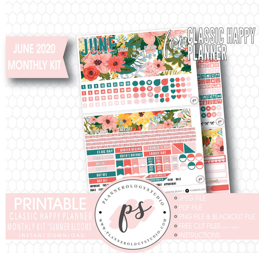 Summer Blooms June 2020 Monthly View Kit Digital Printable Planner Stickers (for use with Classic Happy Planner) - Plannerologystudio