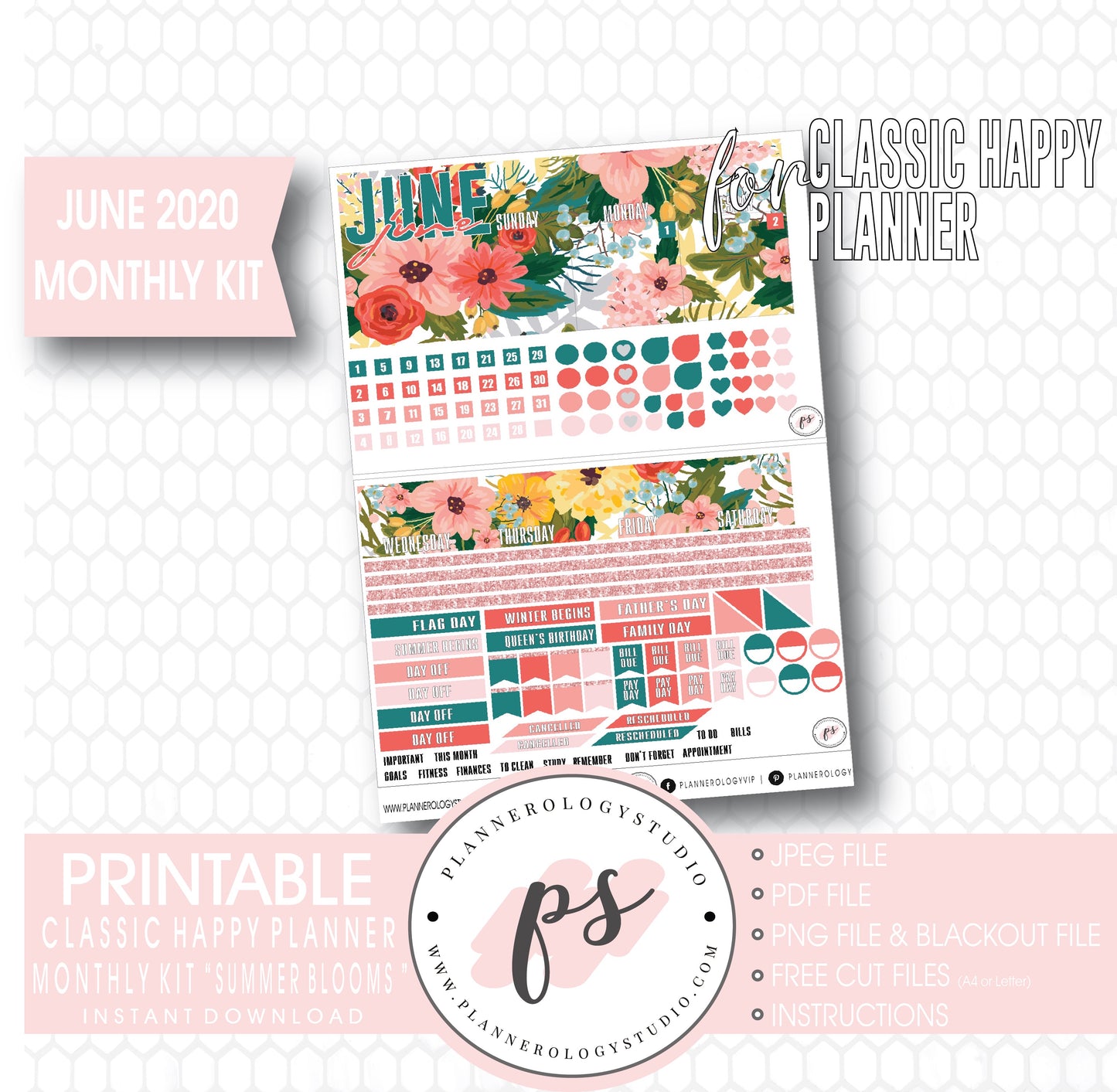 Summer Blooms June 2020 Monthly View Kit Digital Printable Planner Stickers (for use with Classic Happy Planner) - Plannerologystudio
