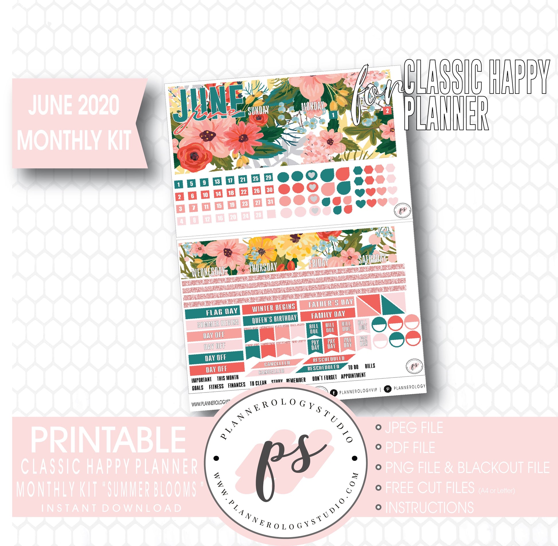 Summer Blooms June 2020 Monthly View Kit Digital Printable Planner Stickers (for use with Classic Happy Planner) - Plannerologystudio