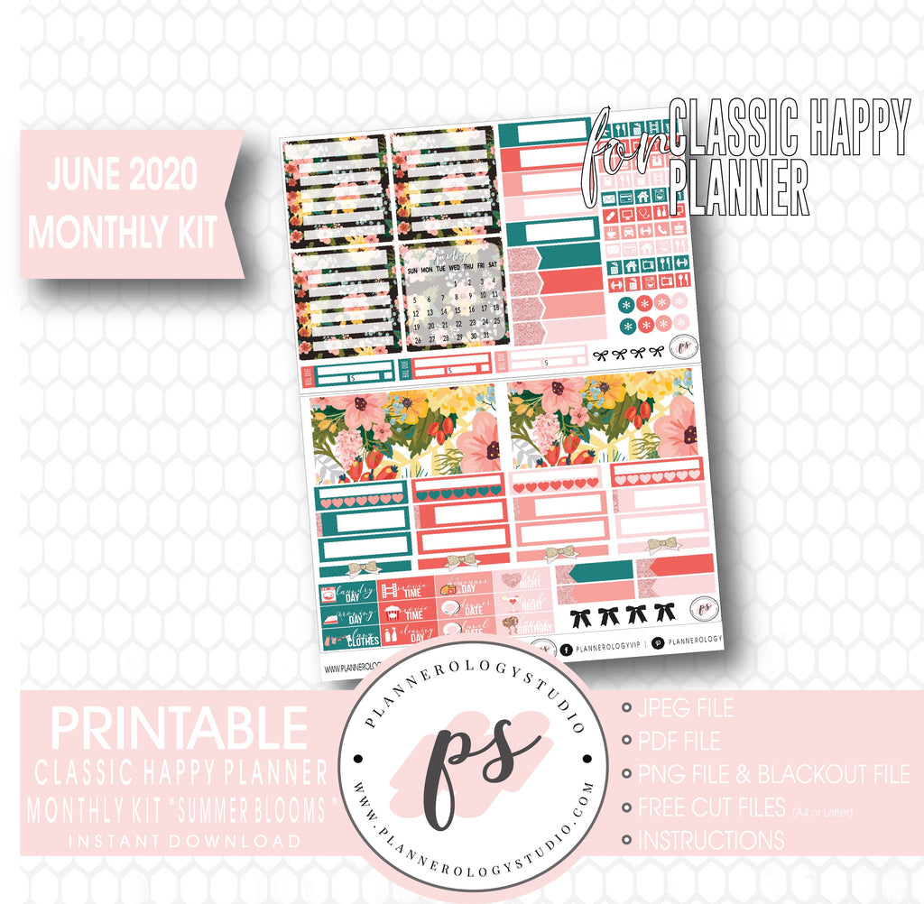 Summer Blooms June 2020 Monthly View Kit Digital Printable Planner Stickers (for use with Classic Happy Planner) - Plannerologystudio