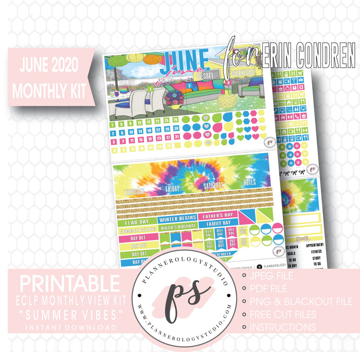 Summer Vibes June 2020 Monthly View Kit Digital Printable Planner Stickers (for use with Erin Condren) - Plannerologystudio