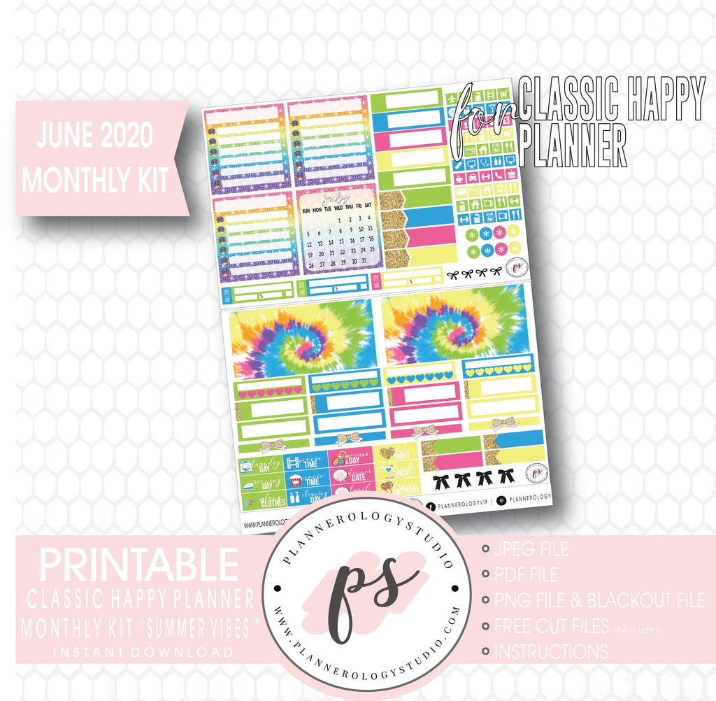 Summer Vibes June 2020 Monthly View Kit Digital Printable Planner Stickers (for use with Classic Happy Planner) - Plannerologystudio