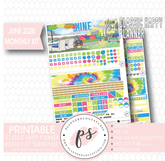 Summer Vibes June 2020 Monthly View Kit Digital Printable Planner Stickers (for use with Classic Happy Planner) - Plannerologystudio