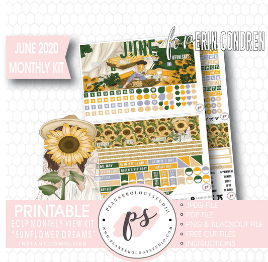 Sunflower Dreams June 2020 Monthly View Kit Digital Printable Planner Stickers (for use with Erin Condren) - Plannerologystudio