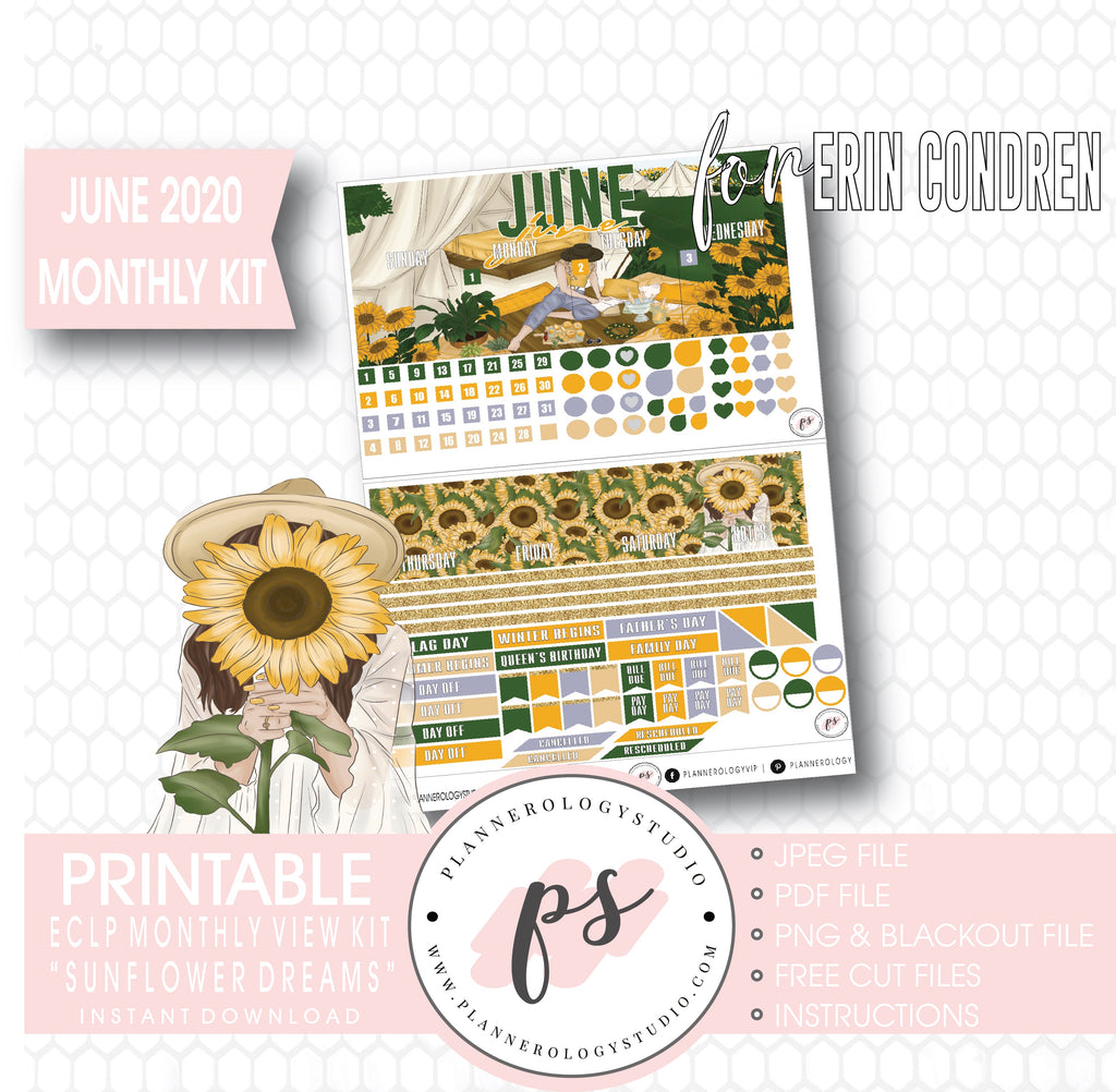 Sunflower Dreams June 2020 Monthly View Kit Digital Printable Planner Stickers (for use with Erin Condren) - Plannerologystudio