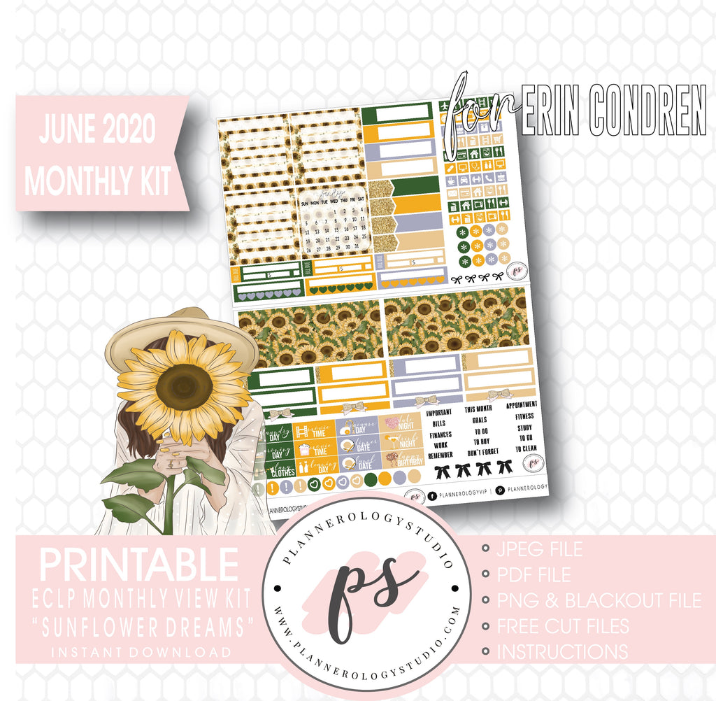 Sunflower Dreams June 2020 Monthly View Kit Digital Printable Planner Stickers (for use with Erin Condren) - Plannerologystudio