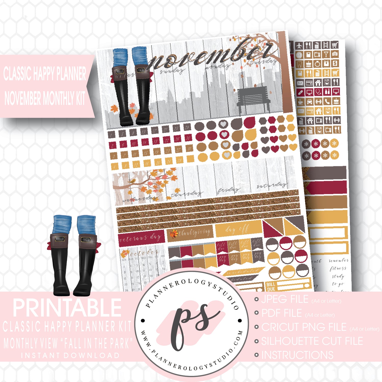 "Fall in the Park" November 2017 Monthly View Kit Printable Planner Stickers (for use with Mambi Classic Happy Planner) - Plannerologystudio