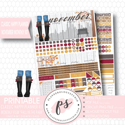 "Fall in the Park" November 2017 Monthly View Kit Printable Planner Stickers (for use with Mambi Classic Happy Planner) - Plannerologystudio