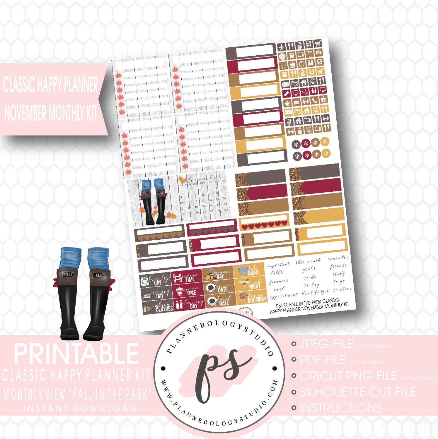 "Fall in the Park" November 2017 Monthly View Kit Printable Planner Stickers (for use with Mambi Classic Happy Planner) - Plannerologystudio