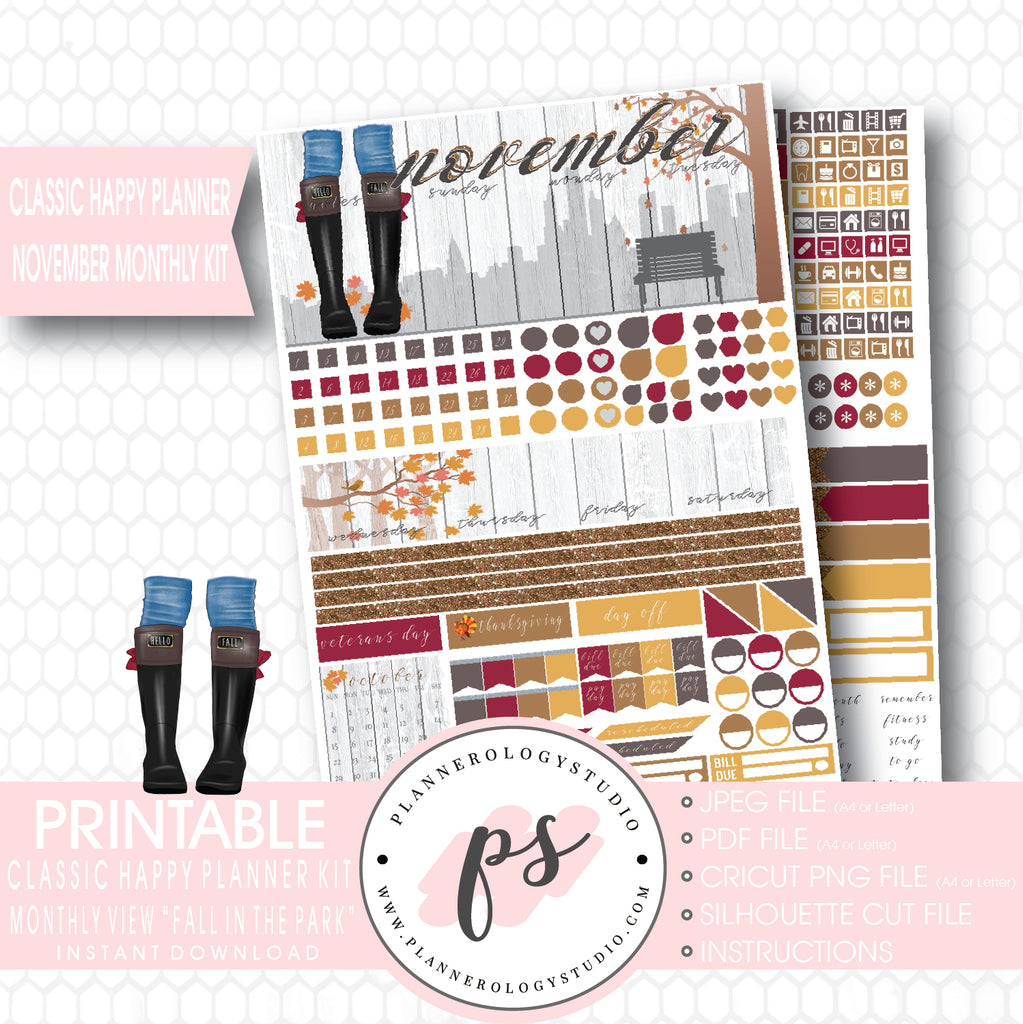"Fall in the Park" November 2017 Monthly View Kit Printable Planner Stickers (for use with Mambi Classic Happy Planner) - Plannerologystudio