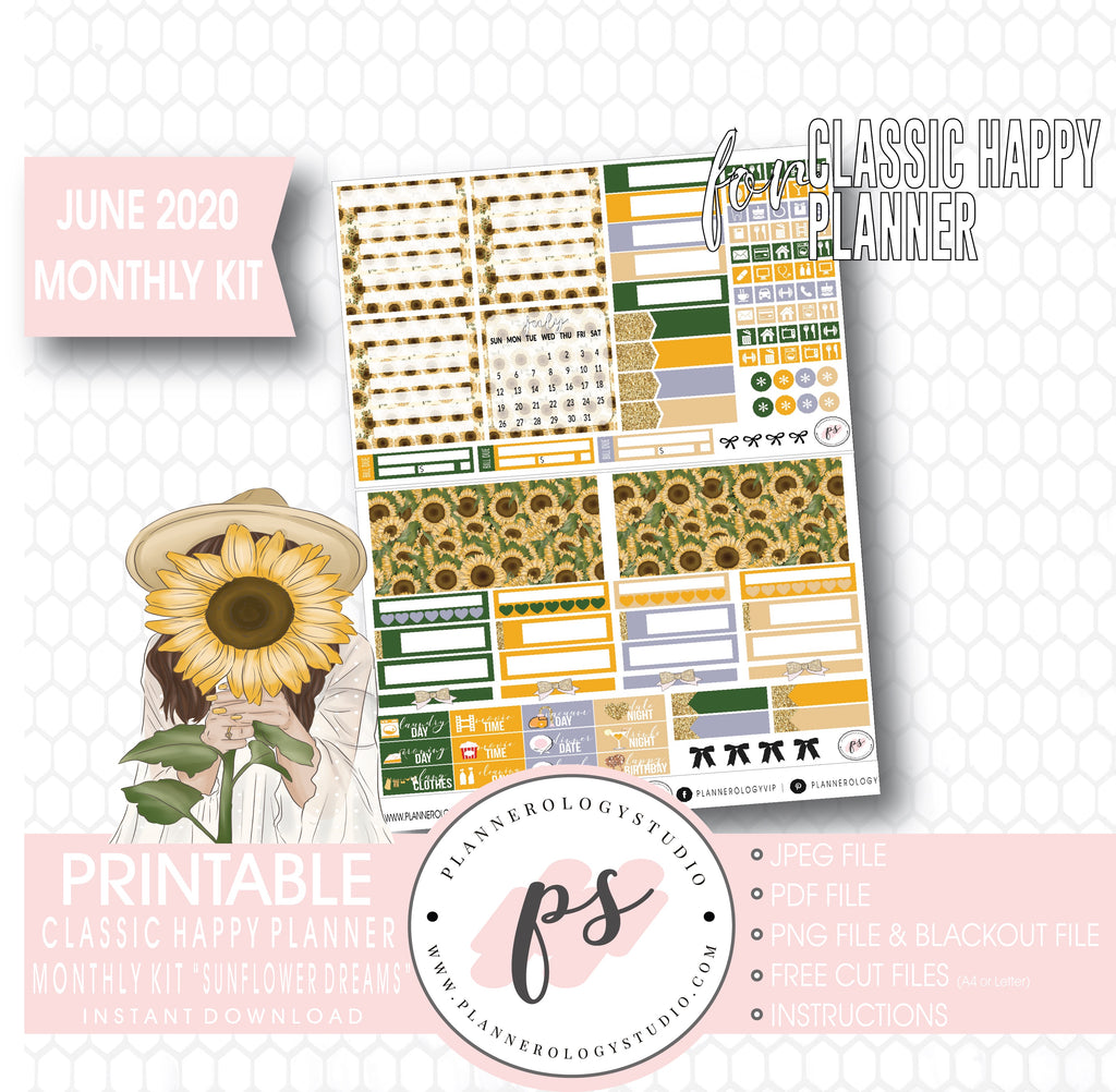 Sunflower Dreams June 2020 Monthly View Kit Digital Printable Planner Stickers (for use with Classic Happy Planner) - Plannerologystudio