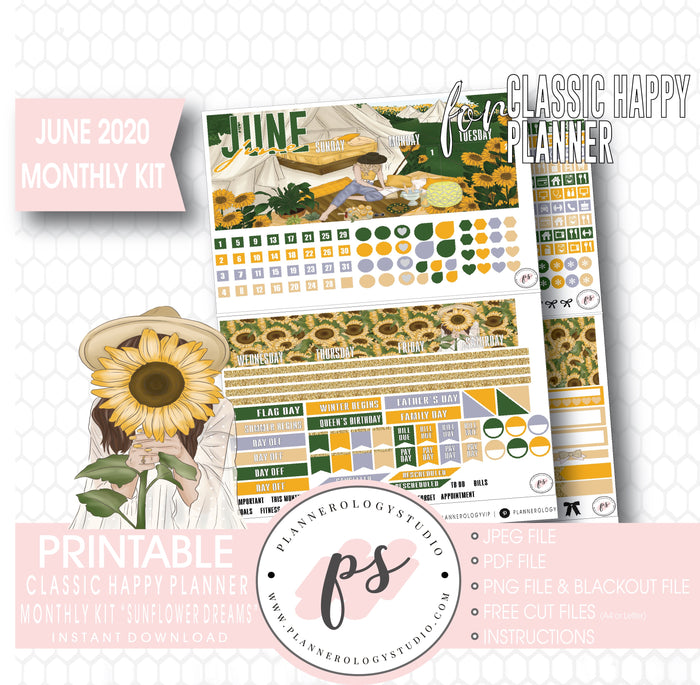 Sunflower Dreams June 2020 Monthly View Kit Digital Printable Planner Stickers (for use with Classic Happy Planner) - Plannerologystudio