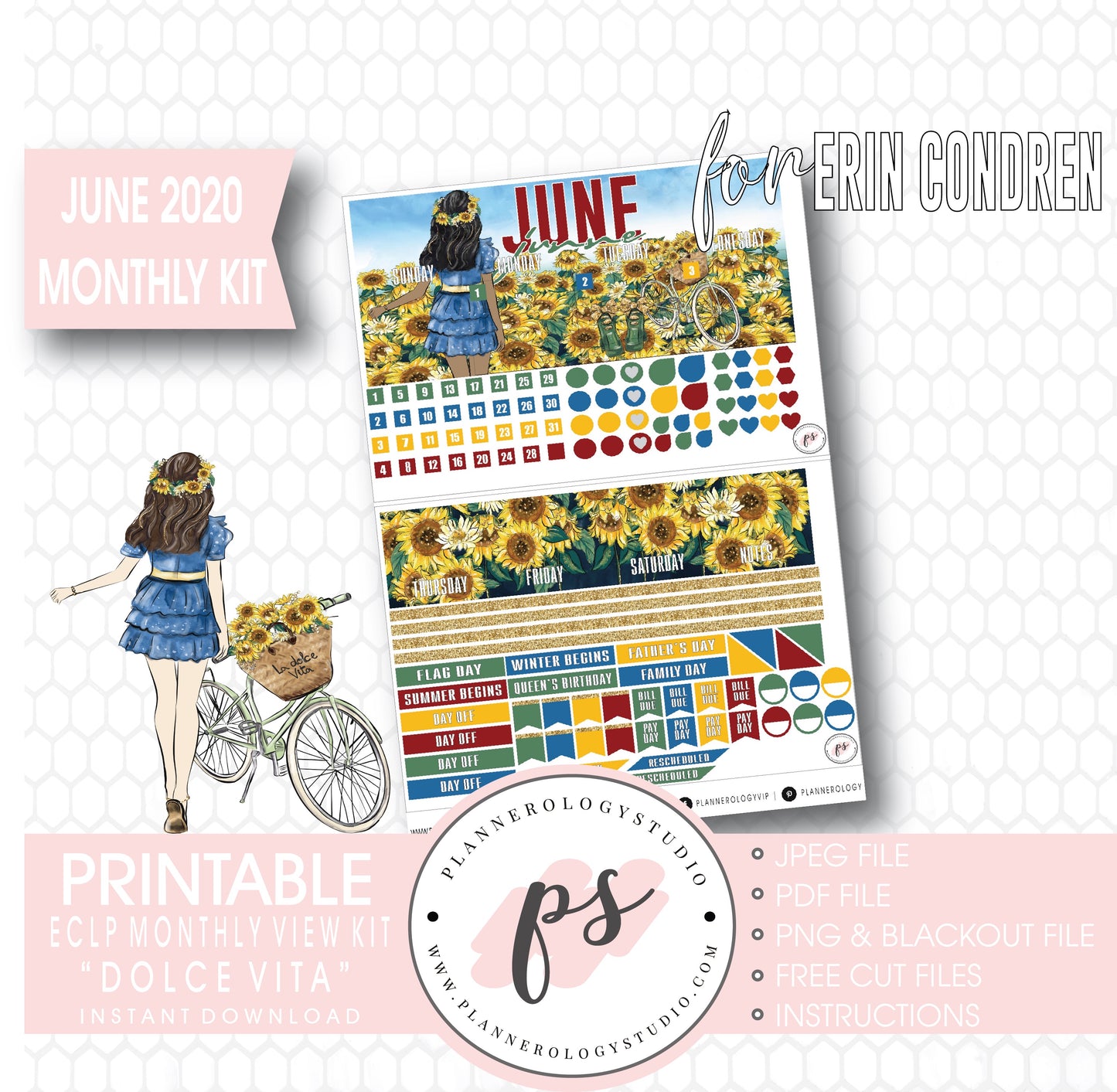 Dolce Vita June 2020 Monthly View Kit Digital Printable Planner Stickers (for use with Erin Condren) - Plannerologystudio