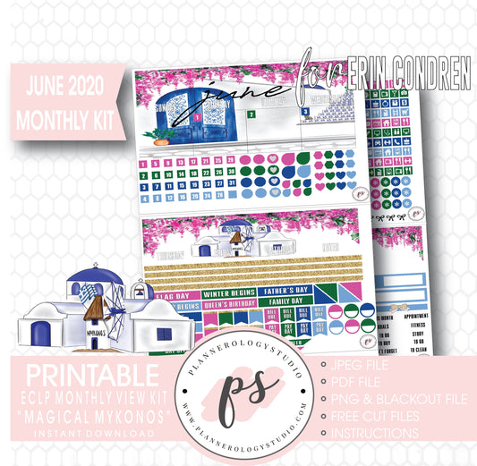 Magical Mykonos June 2020 Monthly View Kit Digital Printable Planner Stickers (for use with Erin Condren) - Plannerologystudio