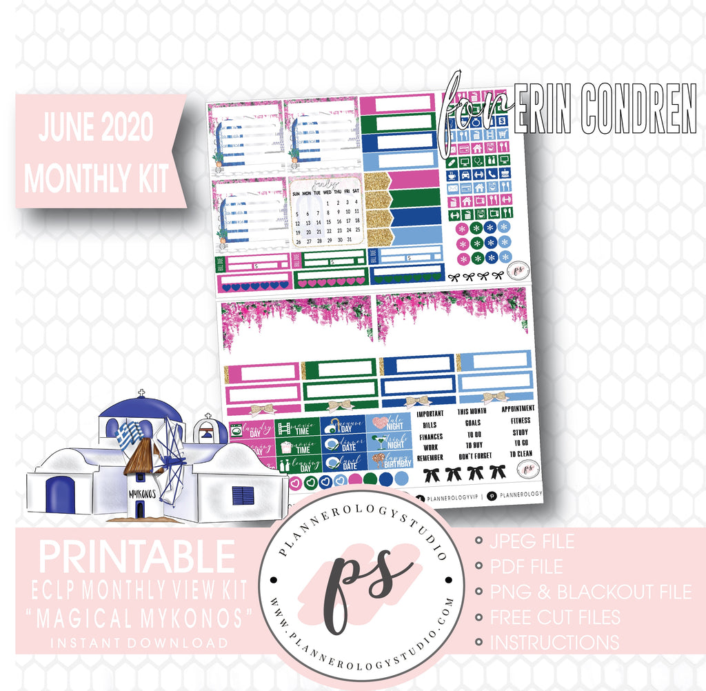 Magical Mykonos June 2020 Monthly View Kit Digital Printable Planner Stickers (for use with Erin Condren) - Plannerologystudio