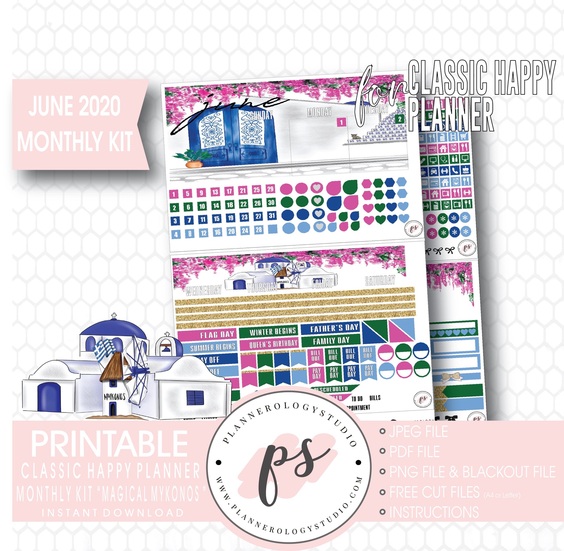 Magical Mykonos June 2020 Monthly View Kit Digital Printable Planner Stickers (for use with Classic Happy Planner) - Plannerologystudio