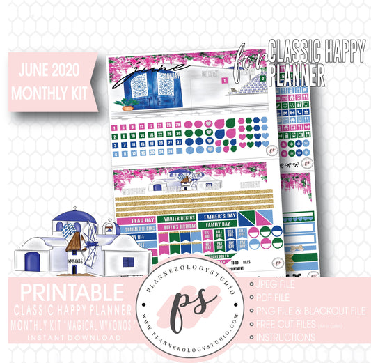 Magical Mykonos June 2020 Monthly View Kit Digital Printable Planner Stickers (for use with Classic Happy Planner) - Plannerologystudio