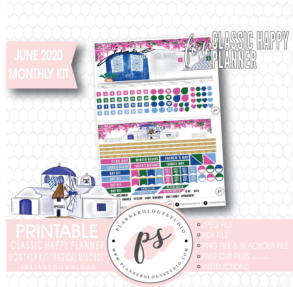 Magical Mykonos June 2020 Monthly View Kit Digital Printable Planner Stickers (for use with Classic Happy Planner) - Plannerologystudio