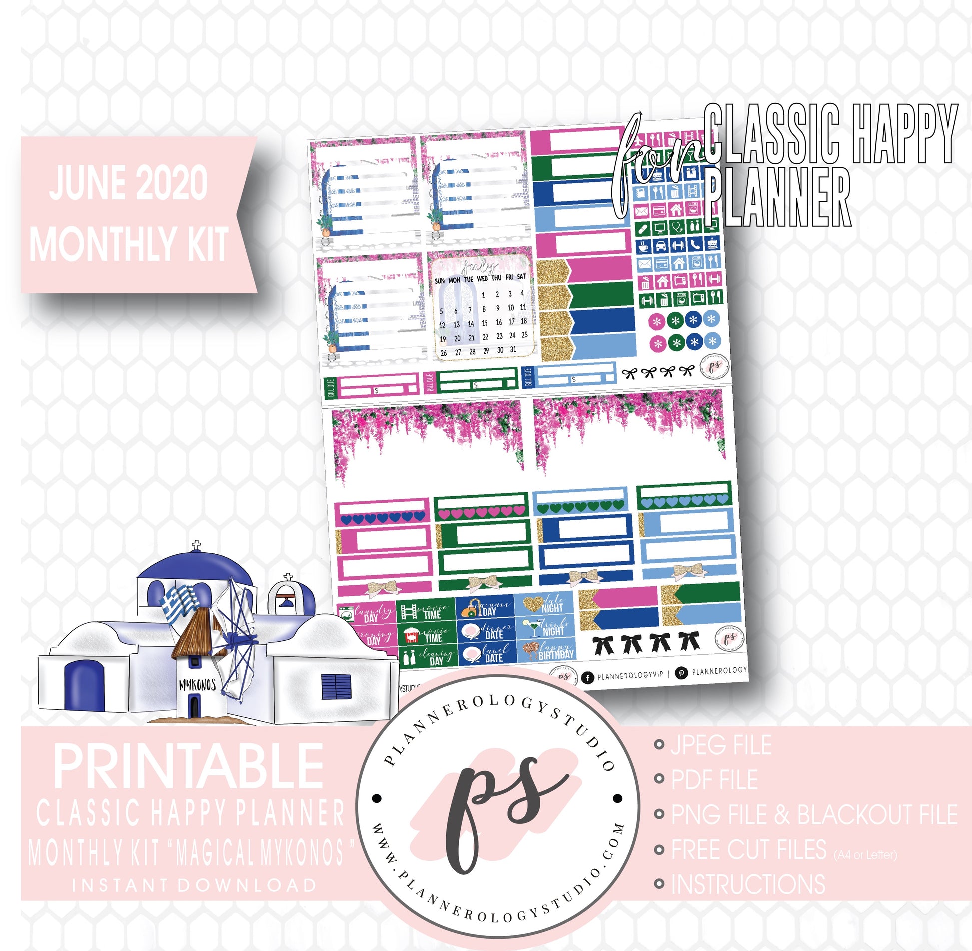 Magical Mykonos June 2020 Monthly View Kit Digital Printable Planner Stickers (for use with Classic Happy Planner) - Plannerologystudio