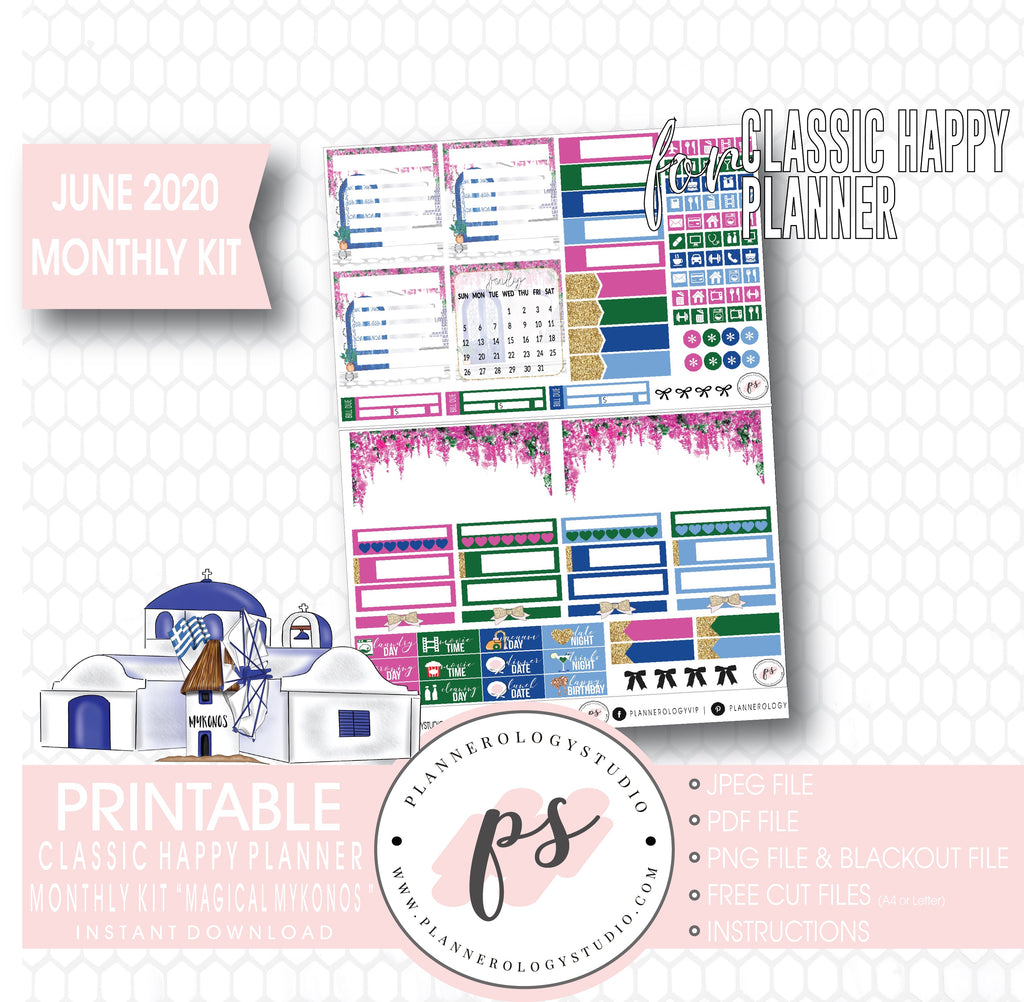 Magical Mykonos June 2020 Monthly View Kit Digital Printable Planner Stickers (for use with Classic Happy Planner) - Plannerologystudio