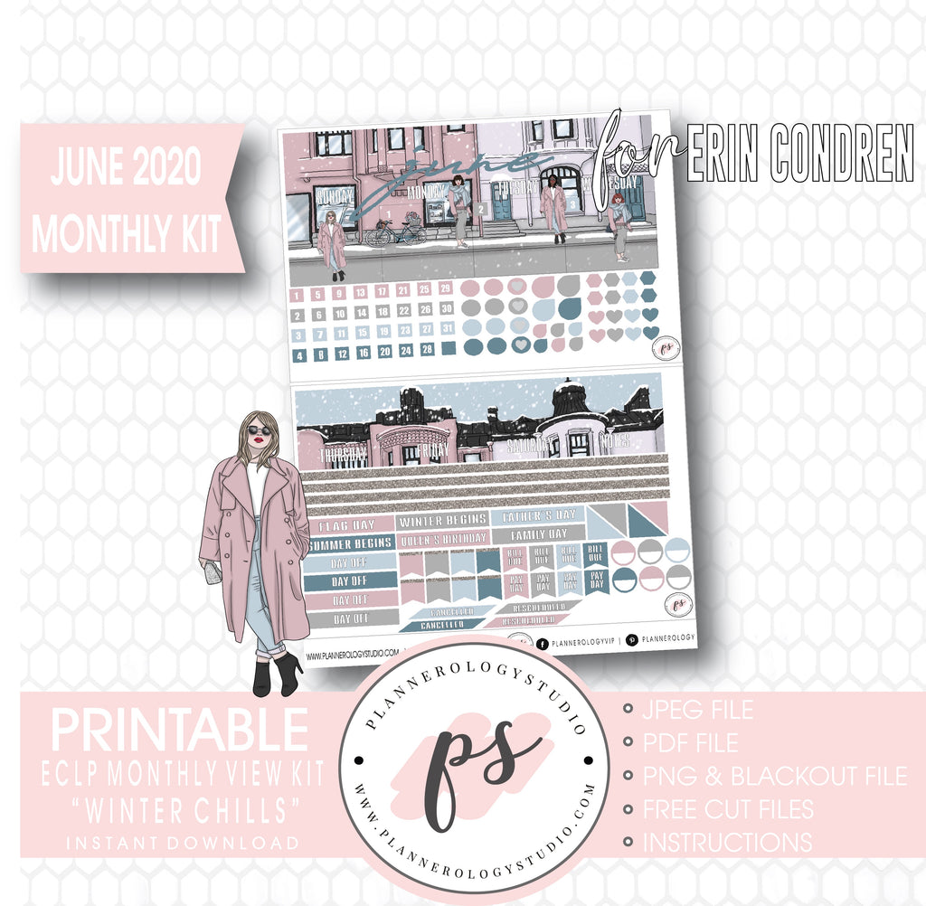 Winter Chills June 2020 Monthly View Kit Digital Printable Planner Stickers (for use with Erin Condren) - Plannerologystudio