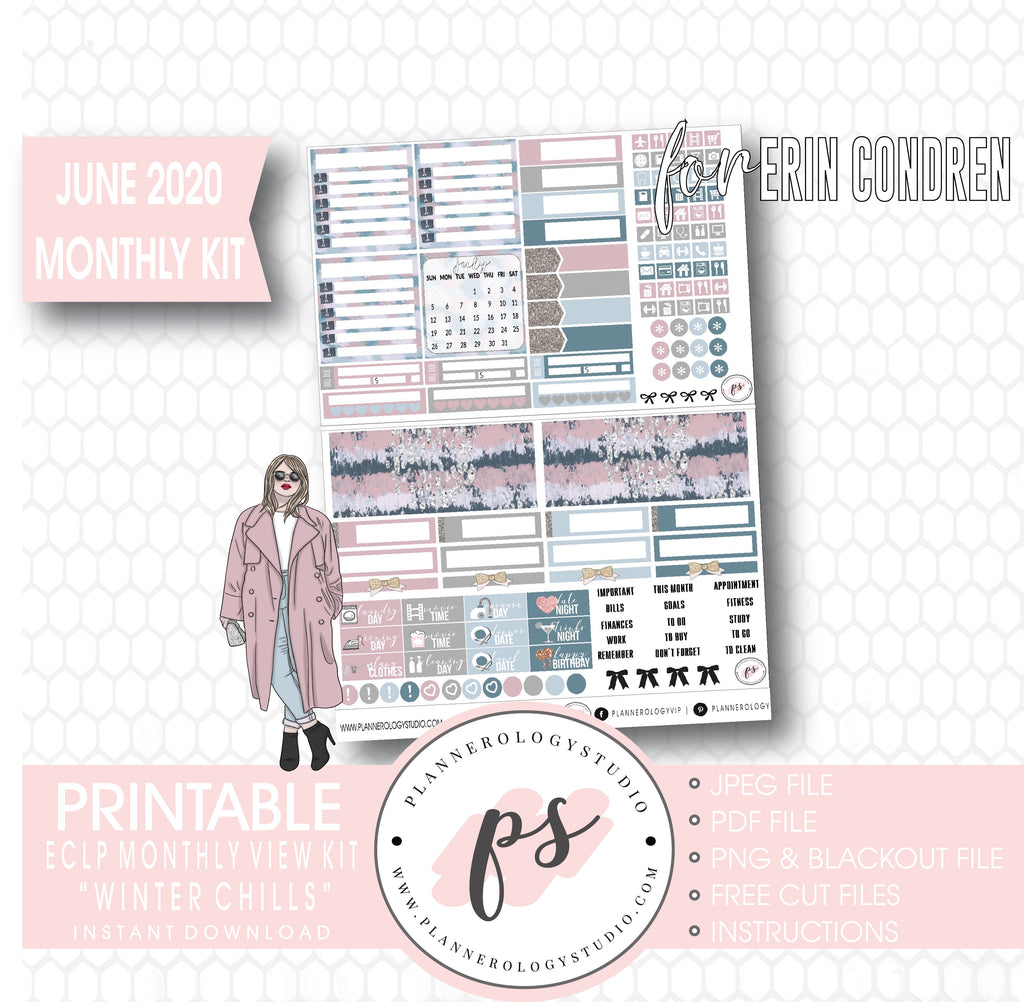 Winter Chills June 2020 Monthly View Kit Digital Printable Planner Stickers (for use with Erin Condren) - Plannerologystudio